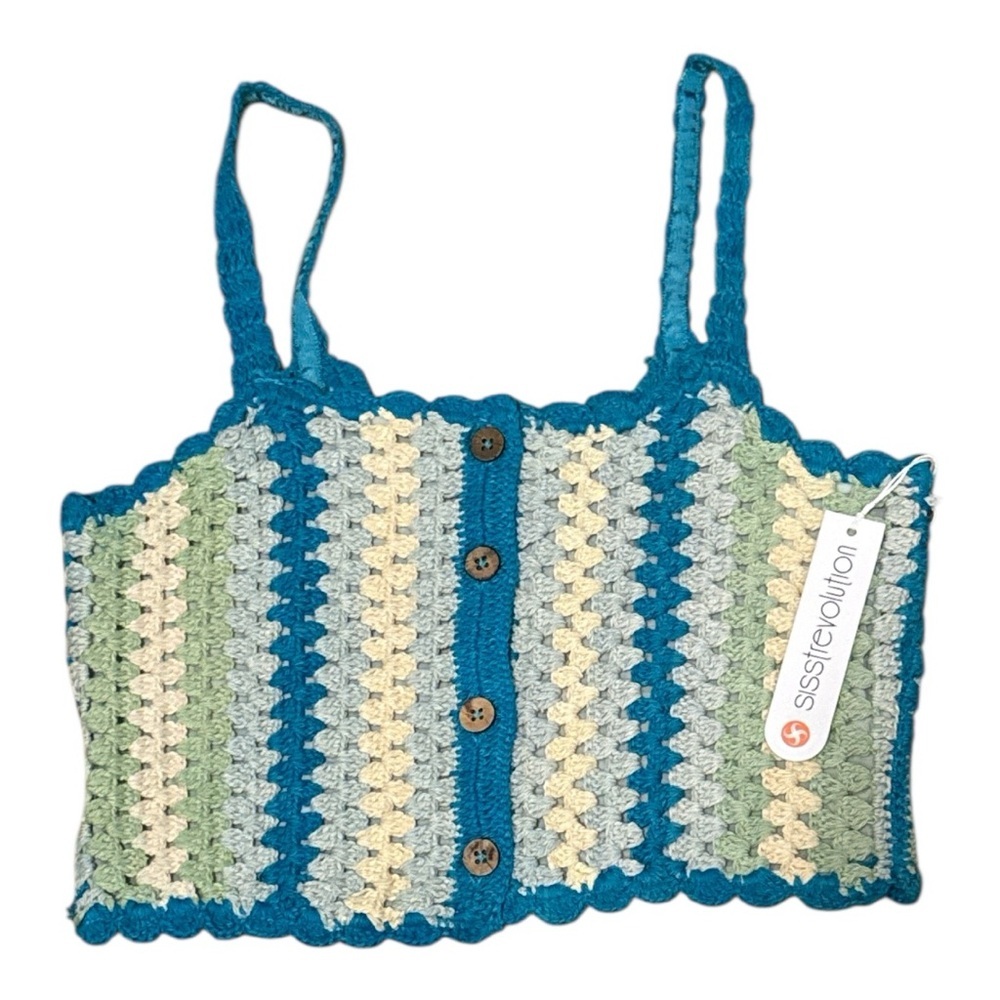 Sisstrevolution Crochet Sweater Knit Tank Cropped Blue & Green Small Beach NWT